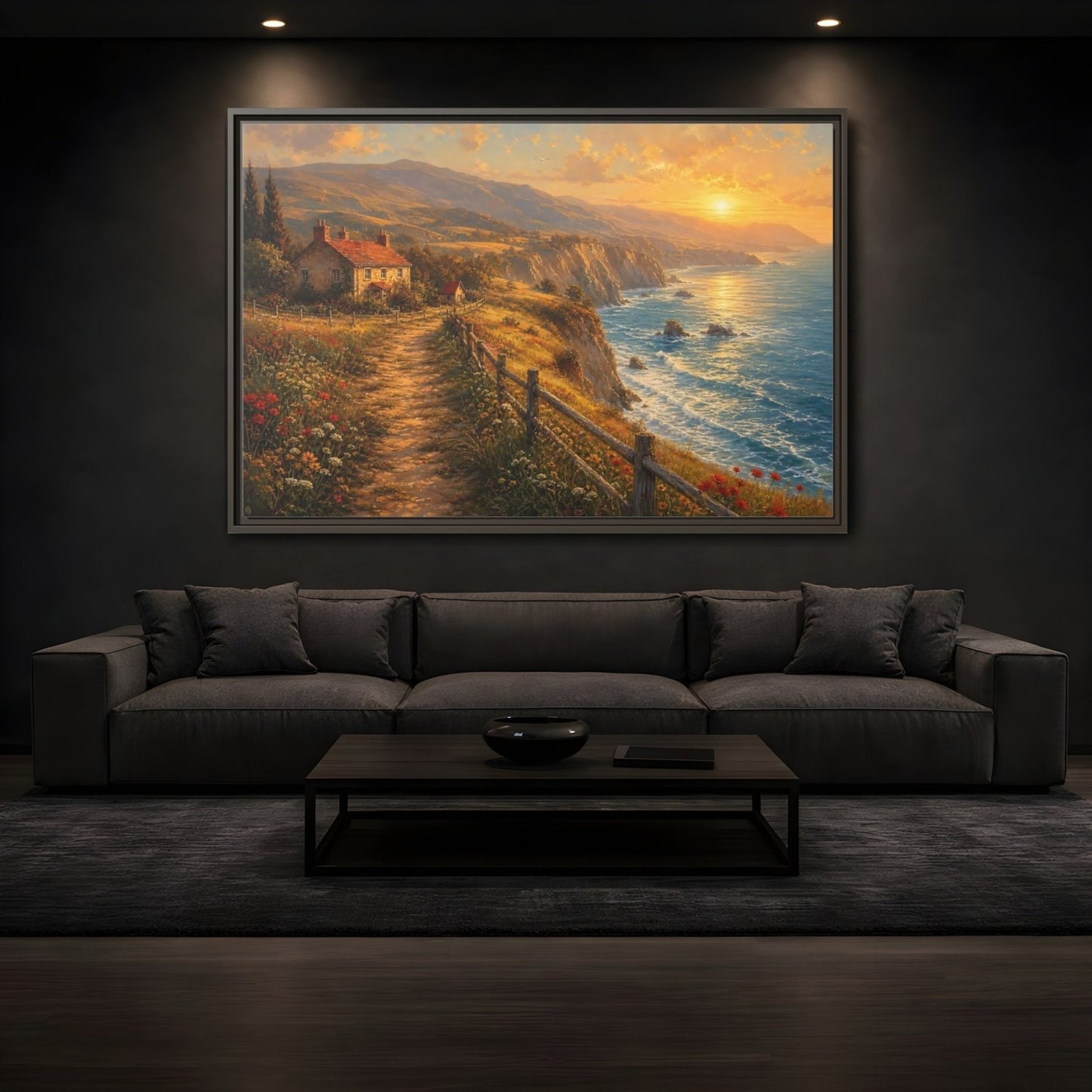 Nature Coastal Landscape Golden Framed Canvas Print – Impressionistic Decor for Living Room, Above Console Table - YesArtYes