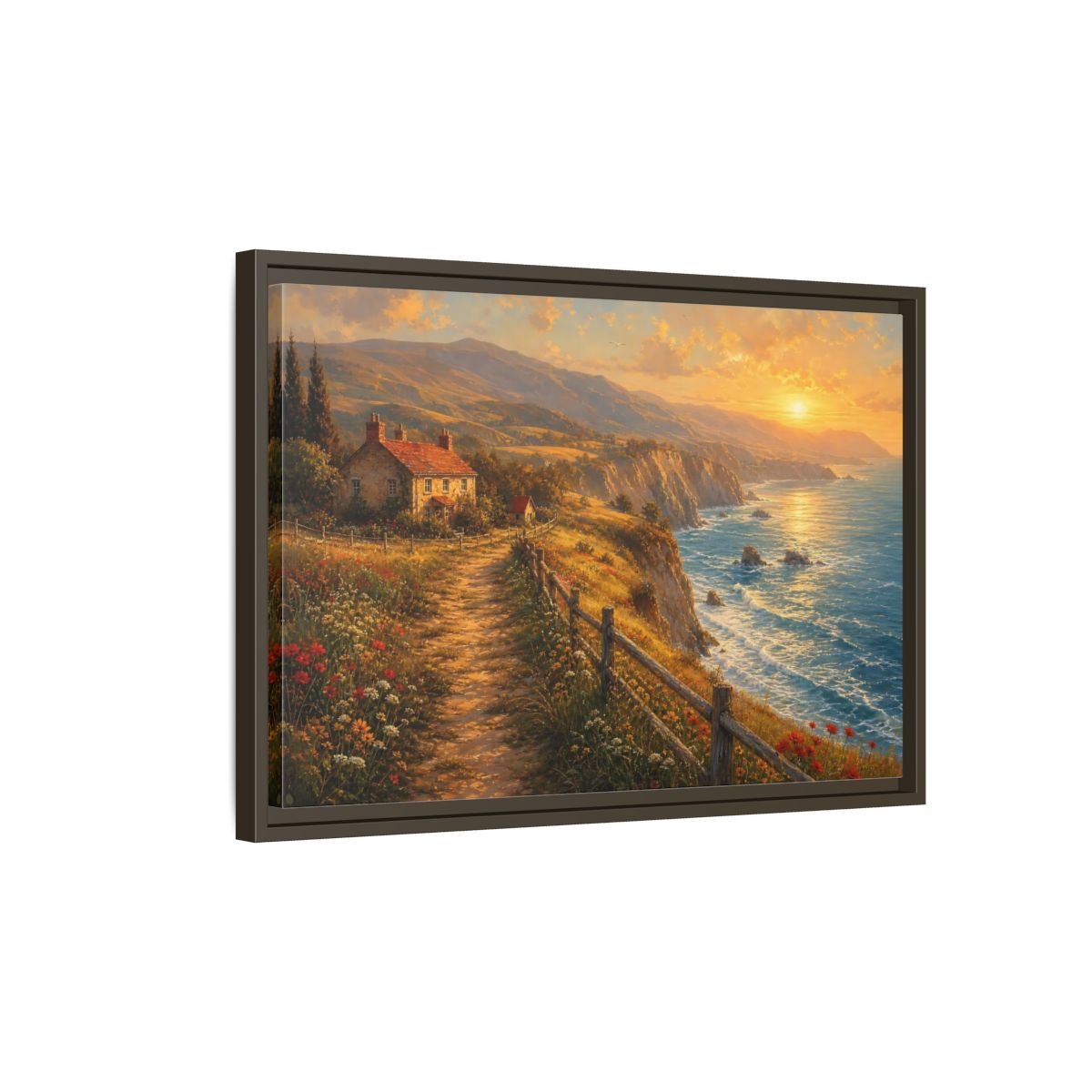 Nature Coastal Landscape Golden Framed Canvas Print – Impressionistic Decor for Living Room, Above Console Table - YesArtYes