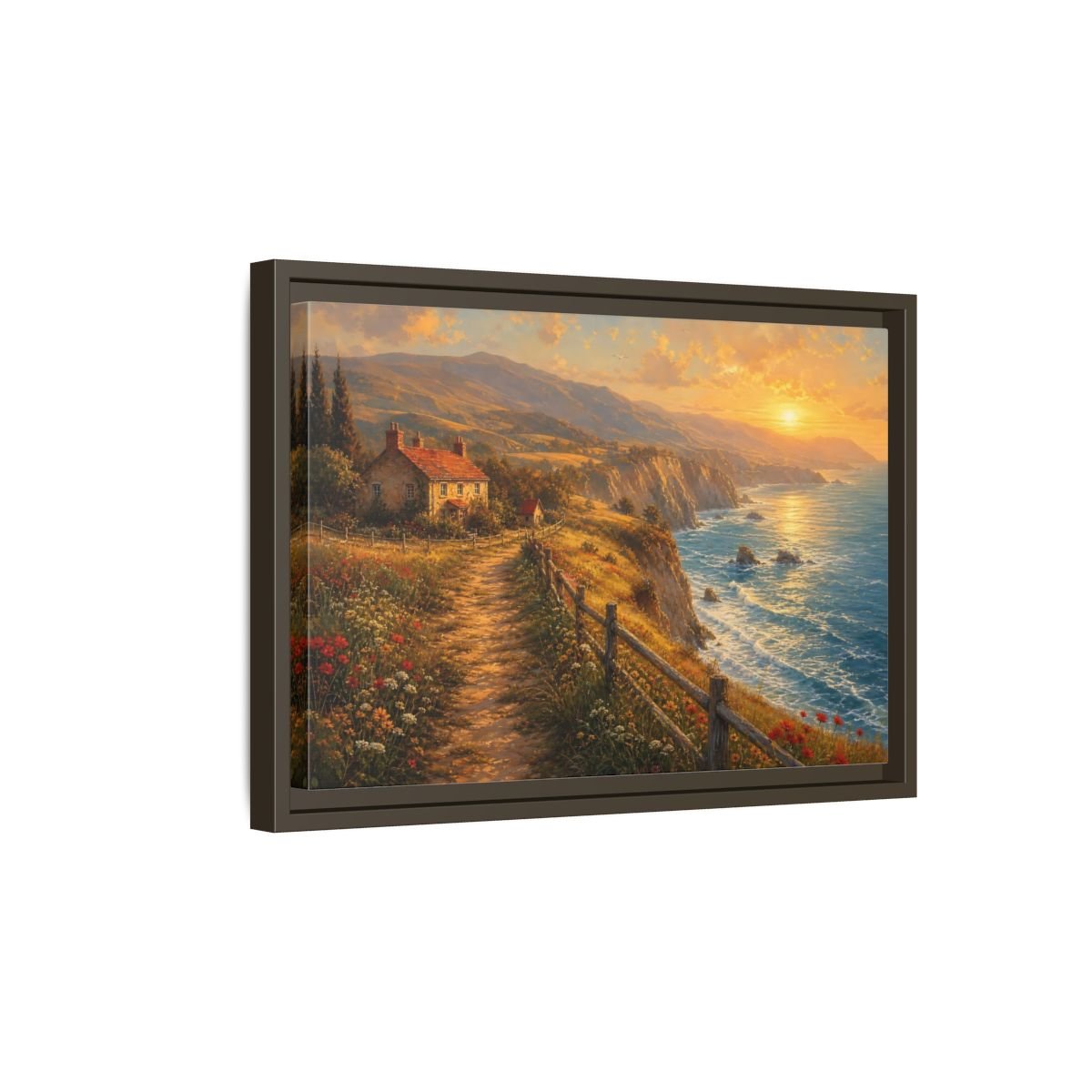 Nature Coastal Landscape Golden Framed Canvas Print – Impressionistic Decor for Living Room, Above Console Table - YesArtYes