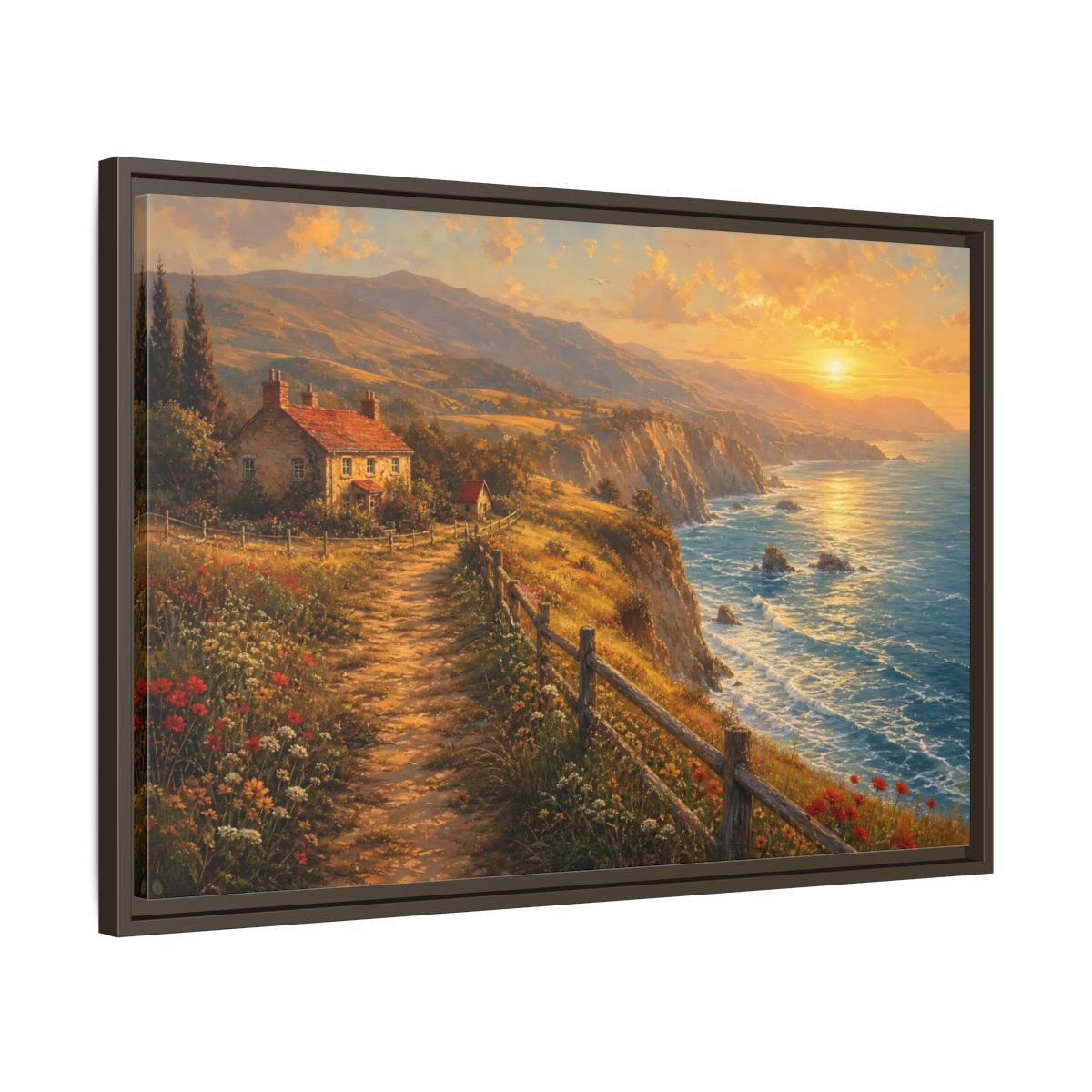 Nature Coastal Landscape Golden Framed Canvas Print – Impressionistic Decor for Living Room, Above Console Table - YesArtYes