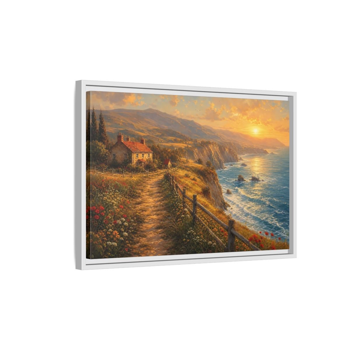 Nature Coastal Landscape Golden Framed Canvas Print – Impressionistic Decor for Living Room, Above Console Table - YesArtYes