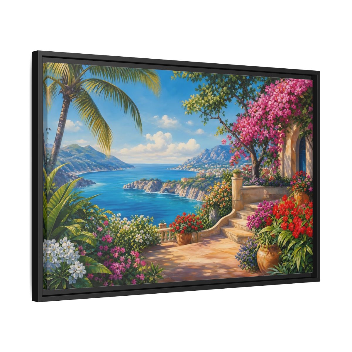 Side Mockup 14. Nature Coastal Landscape Mediterranean Coast shown as stretched canvas wall art