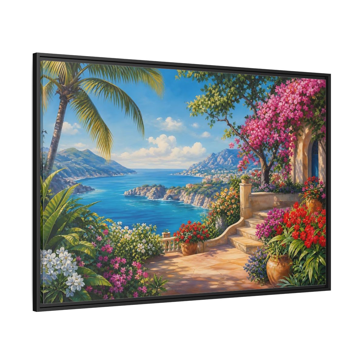 Side Mockup 12. Nature Coastal Landscape Mediterranean Coast shown as stretched canvas wall art