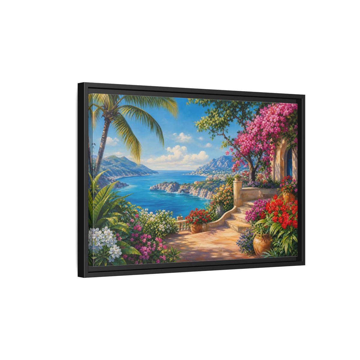 Side Mockup 3. Nature Coastal Landscape Mediterranean Coast shown as stretched canvas wall art
