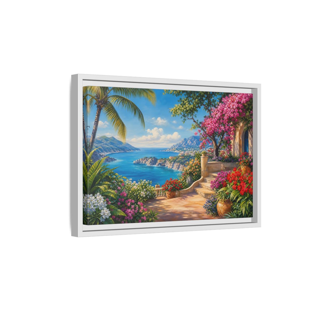 Side Mockup 4. Nature Coastal Landscape Mediterranean Coast shown as stretched canvas wall art