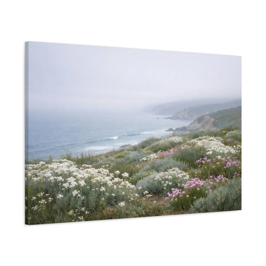 Main Mockup. Nature Coastal Landscape Misty Coastal Flowers shown as stretched canvas wall art