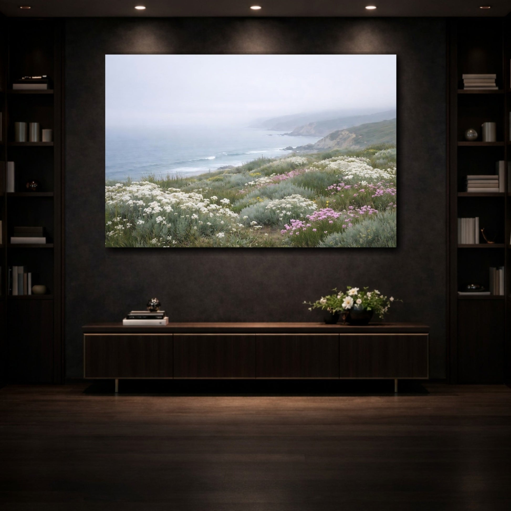 Nature Coastal Landscape Misty Flowers - Canvas Wall Art Print - YesArtYes
