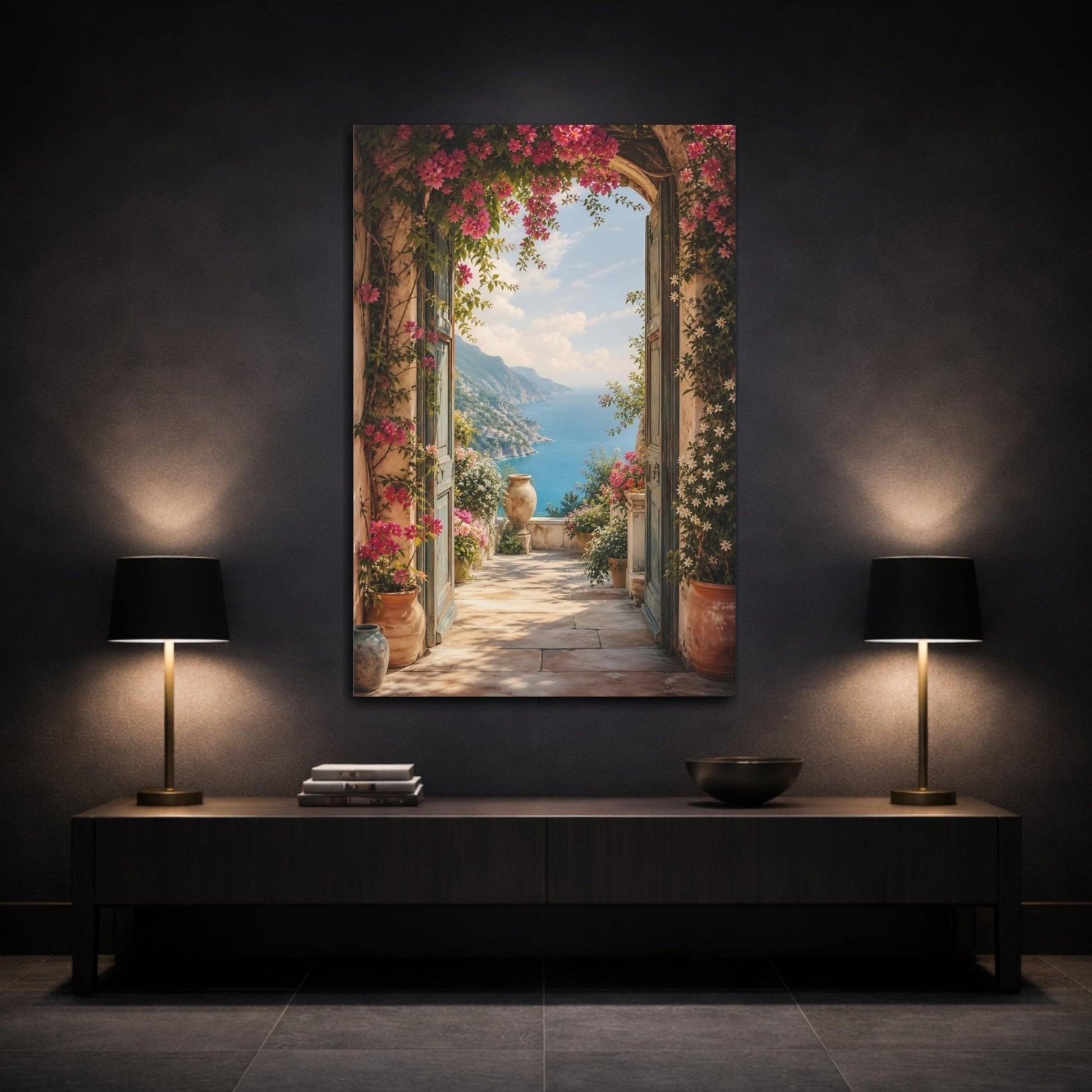 Nature Coastal Landscape Pink Floral Sea Canvas Print – Scenic Living Room, Above Fireplace - YesArtYes