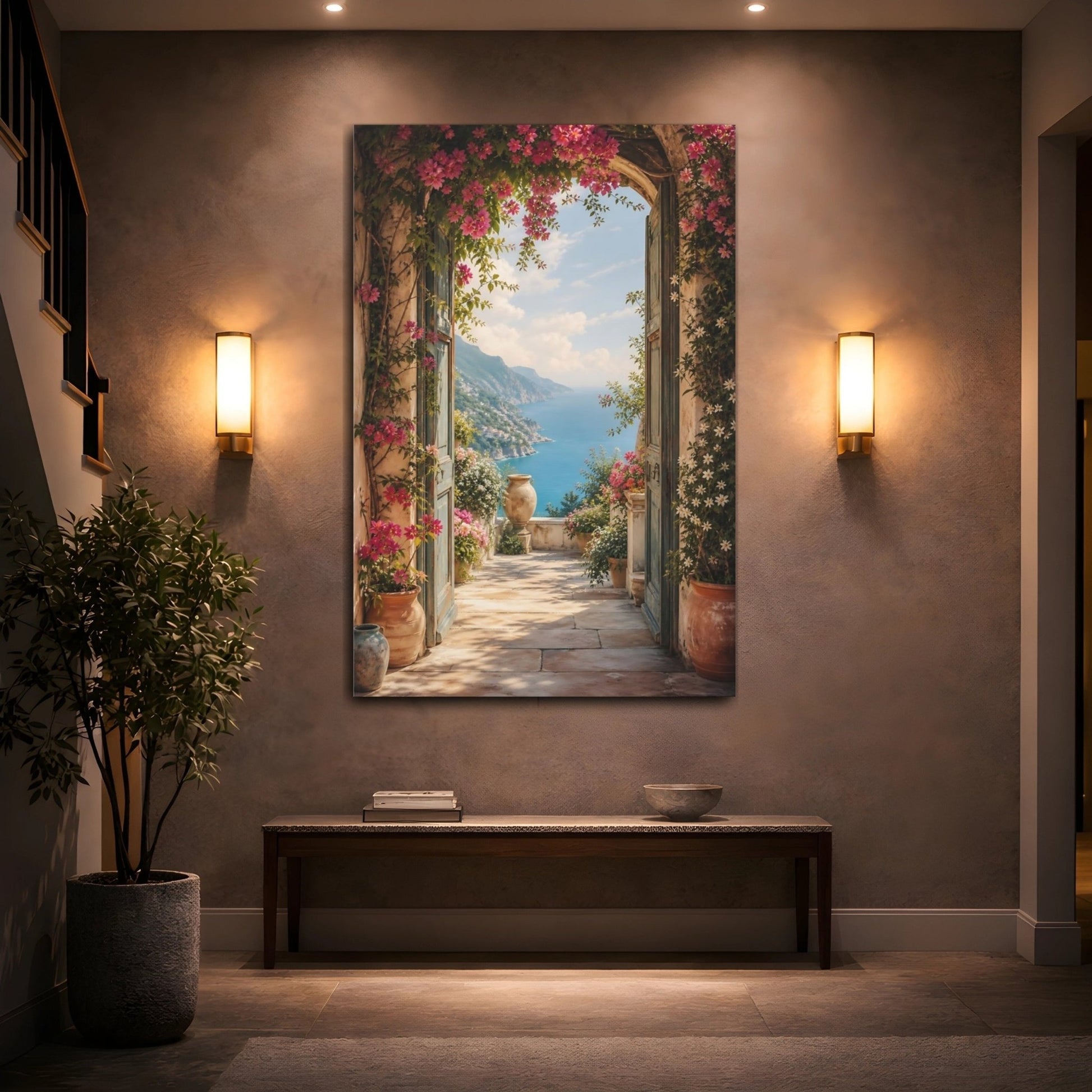 Nature Coastal Landscape Pink Floral Sea Canvas Print – Scenic Living Room, Above Fireplace - YesArtYes