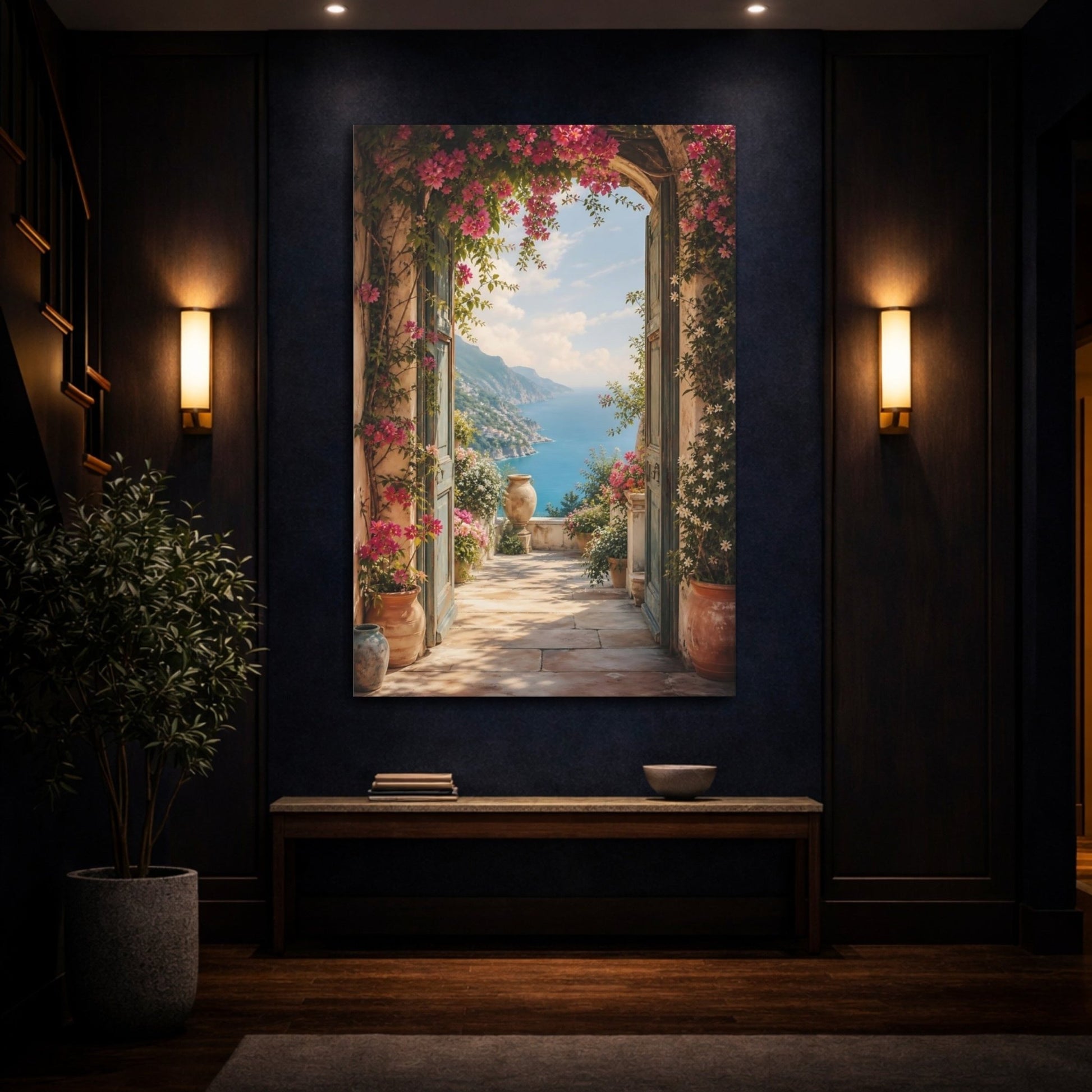 Nature Coastal Landscape Pink Floral Sea Canvas Print – Scenic Living Room, Above Fireplace - YesArtYes