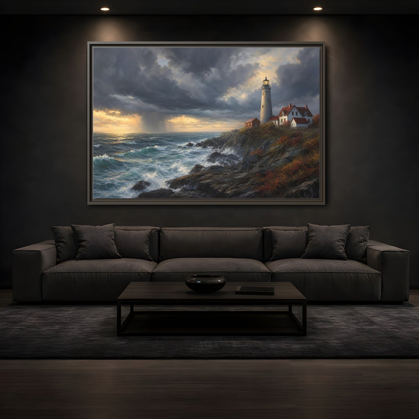 Mockup 3. Nature Coastal Lighthouse Coastal Lighthouse Storm shown as stretched canvas wall art