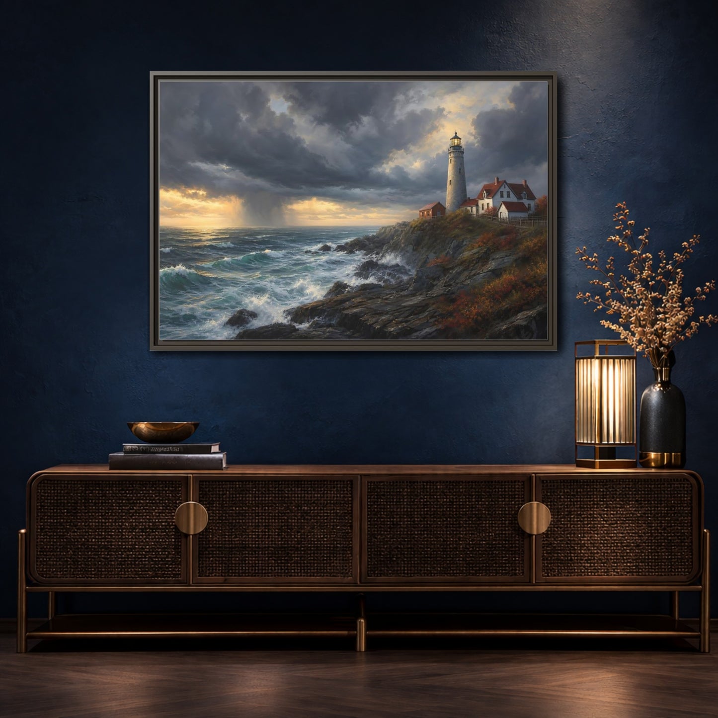Mockup 4. Nature Coastal Lighthouse Coastal Lighthouse Storm shown as stretched canvas wall art