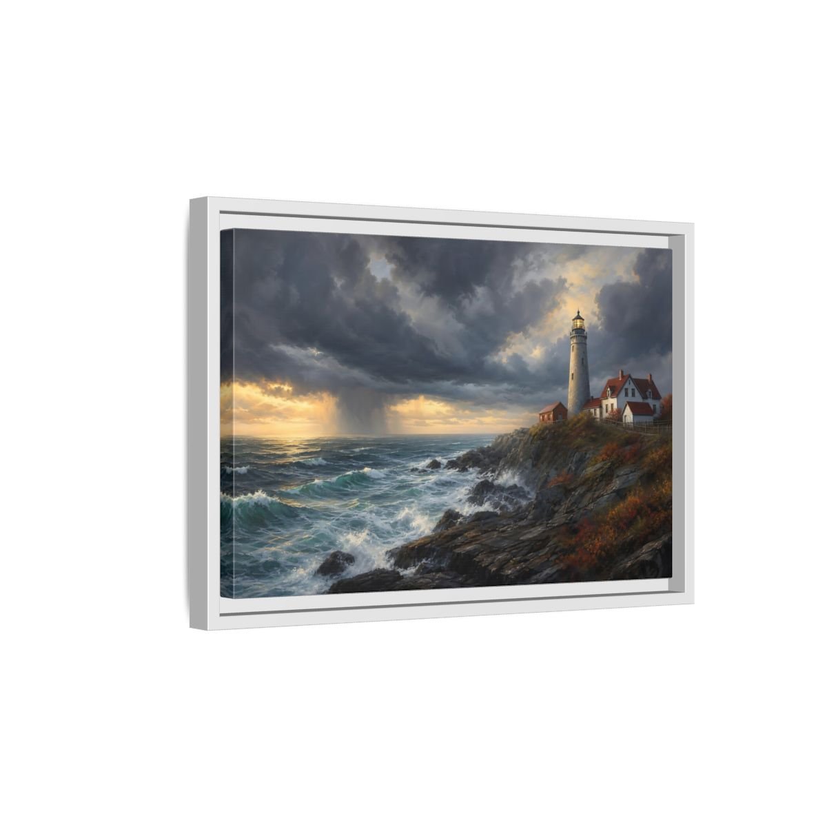 Nature Coastal Lighthouse Storm Framed Canvas Wall Art Print – Realistic Living Room, Above Couch - YesArtYes