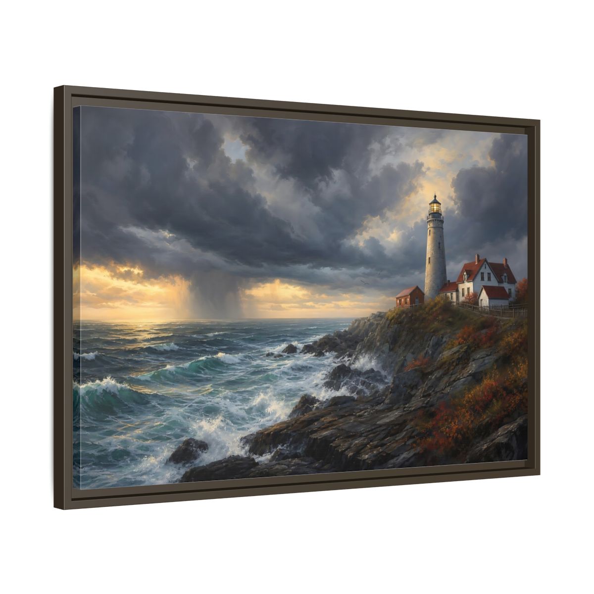 Nature Coastal Lighthouse Storm Framed Canvas Wall Art Print – Realistic Living Room, Above Couch - YesArtYes