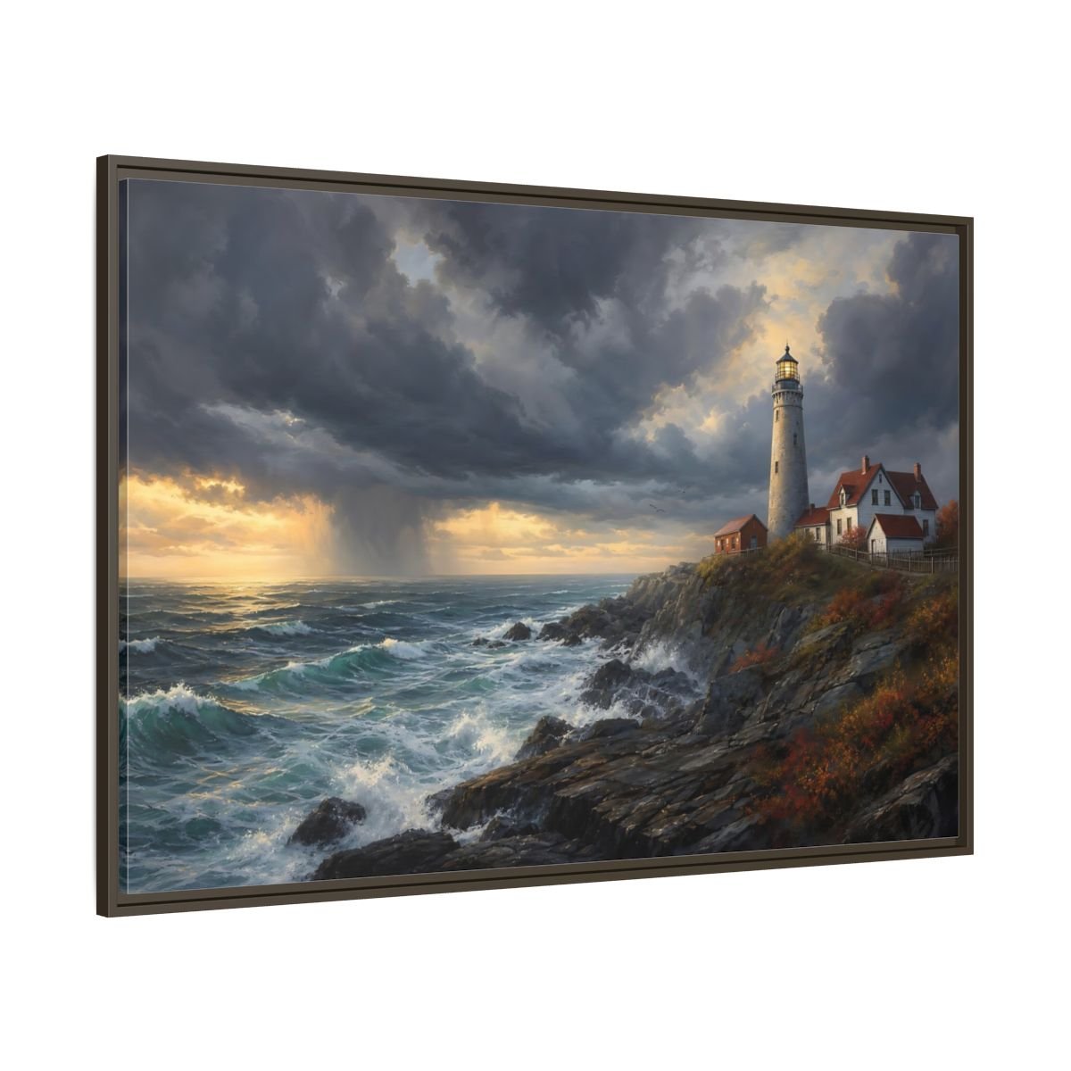 Nature Coastal Lighthouse Storm Framed Canvas Wall Art Print – Realistic Living Room, Above Couch - YesArtYes