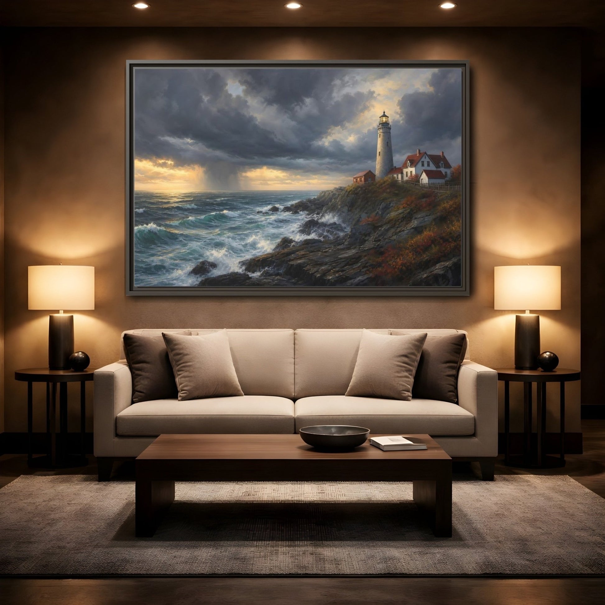 Nature Coastal Lighthouse Storm Framed Canvas Wall Art Print – Realistic Living Room, Above Couch - YesArtYes
