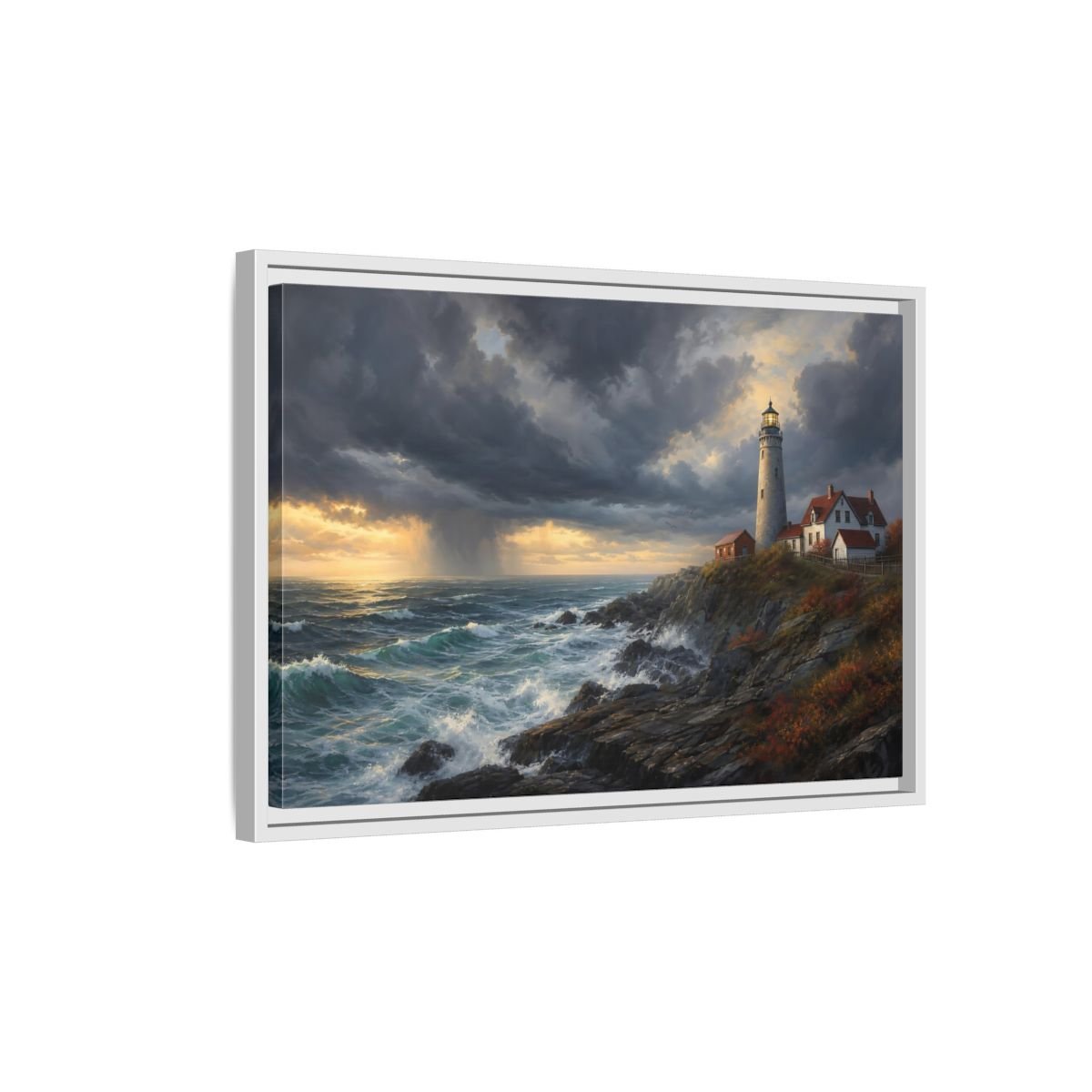 Nature Coastal Lighthouse Storm Framed Canvas Wall Art Print – Realistic Living Room, Above Couch - YesArtYes