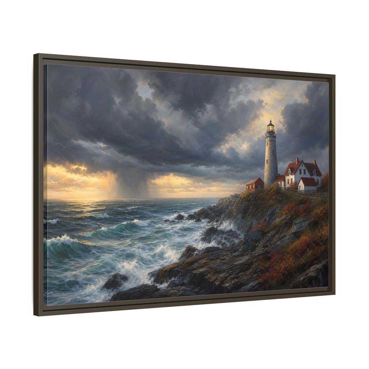 Nature Coastal Lighthouse Storm Framed Canvas Wall Art Print – Realistic Living Room, Above Couch - YesArtYes