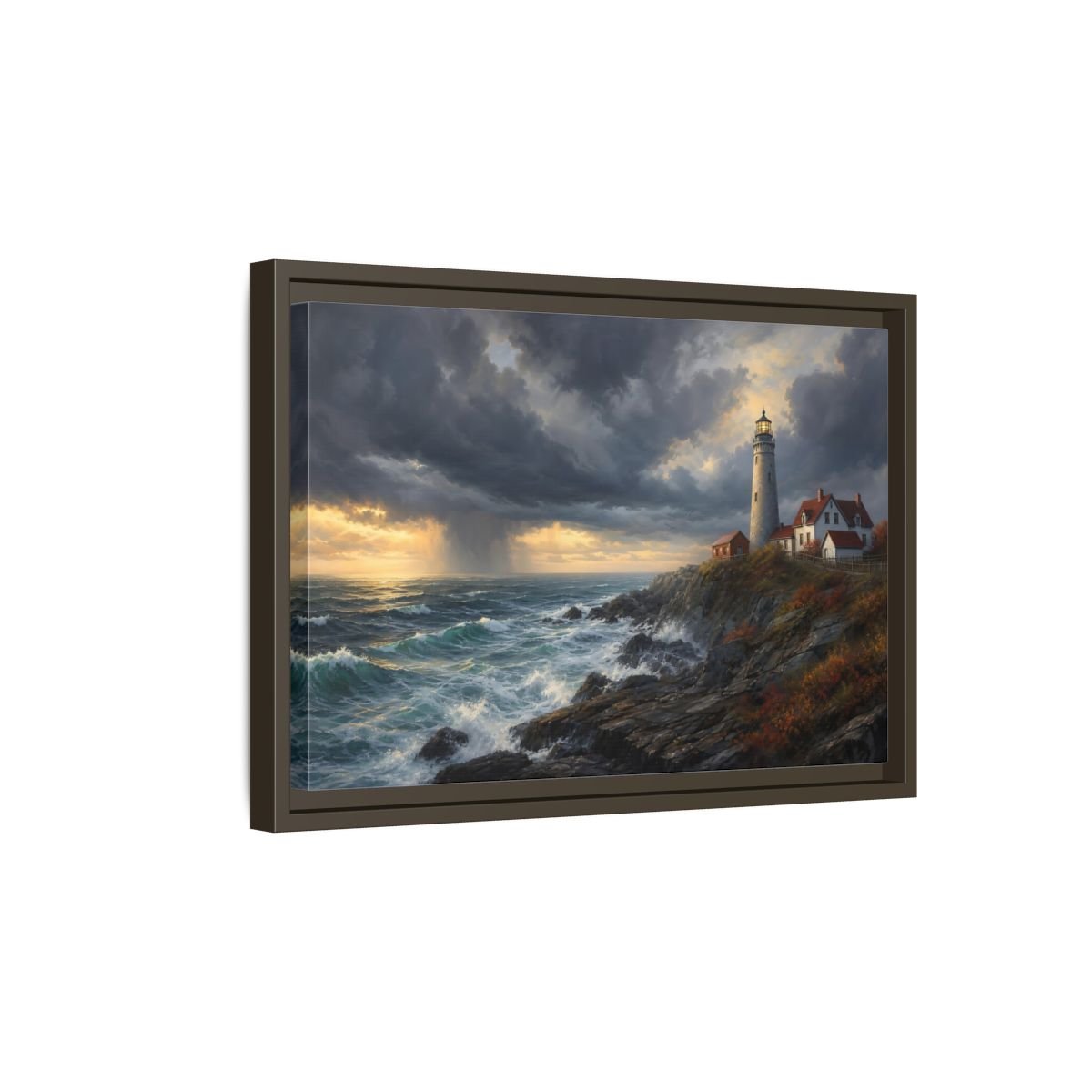 Nature Coastal Lighthouse Storm Framed Canvas Wall Art Print – Realistic Living Room, Above Couch - YesArtYes