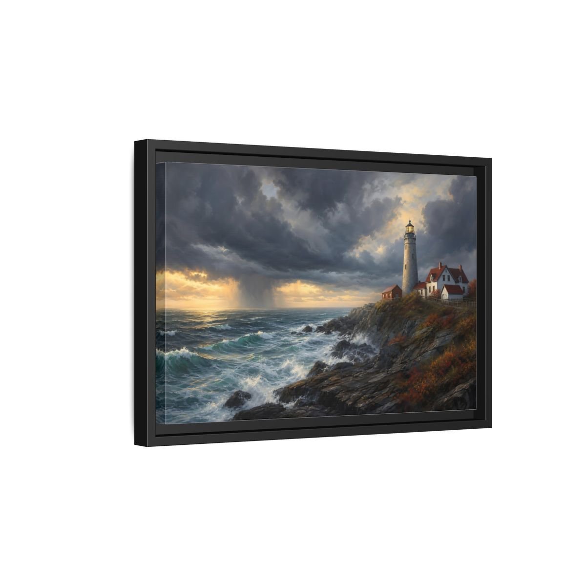 Nature Coastal Lighthouse Storm Framed Canvas Wall Art Print – Realistic Living Room, Above Couch - YesArtYes