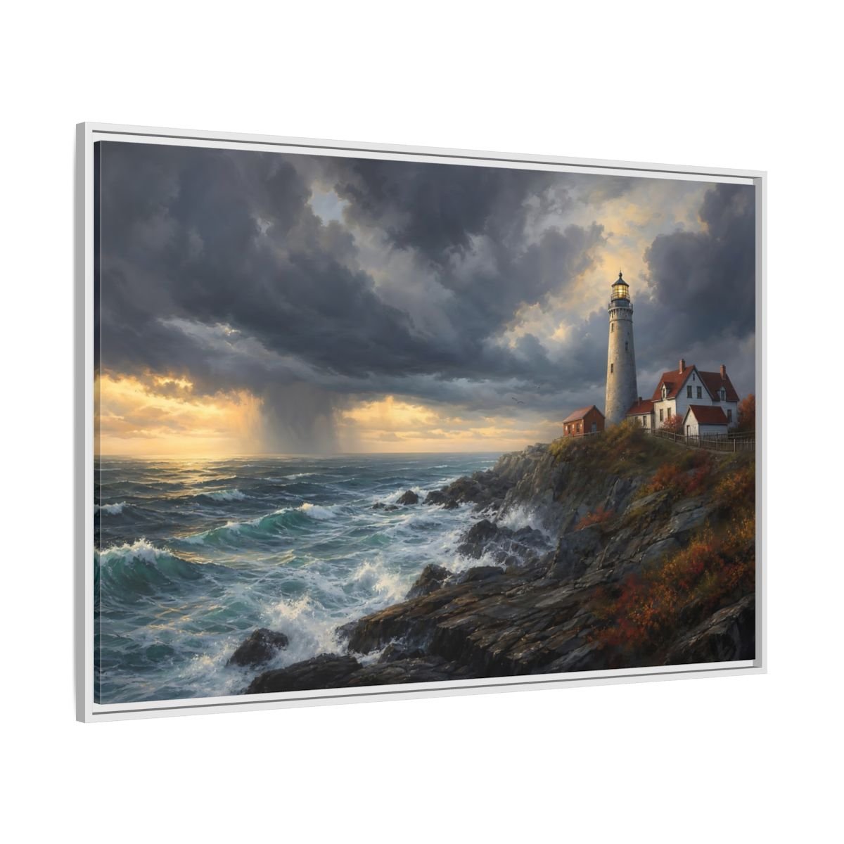 Nature Coastal Lighthouse Storm Framed Canvas Wall Art Print – Realistic Living Room, Above Couch - YesArtYes