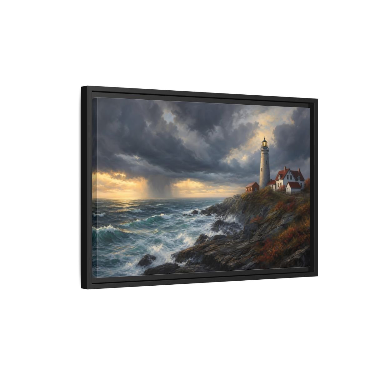 Nature Coastal Lighthouse Storm Framed Canvas Wall Art Print – Realistic Living Room, Above Couch - YesArtYes
