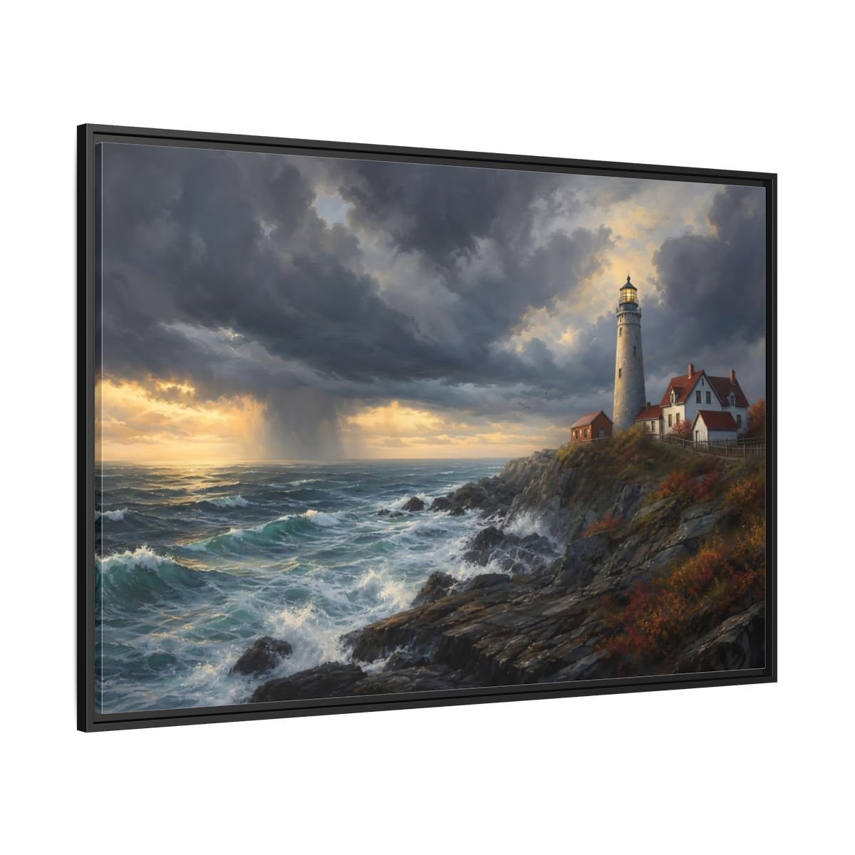 Nature Coastal Lighthouse Storm Framed Canvas Wall Art Print – Realistic Living Room, Above Couch - YesArtYes