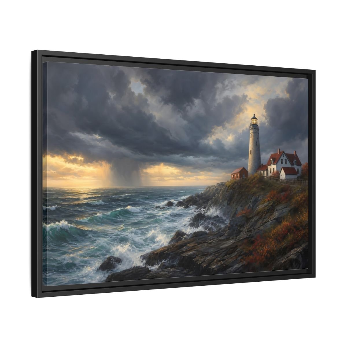 Nature Coastal Lighthouse Storm Framed Canvas Wall Art Print – Realistic Living Room, Above Couch - YesArtYes