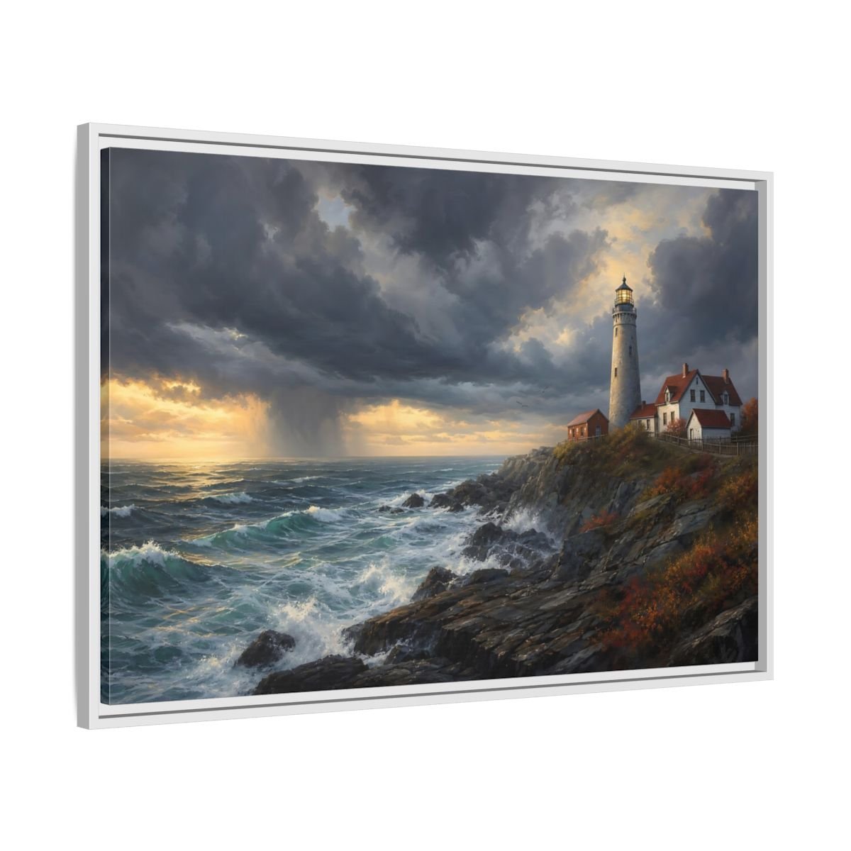 Nature Coastal Lighthouse Storm Framed Canvas Wall Art Print – Realistic Living Room, Above Couch - YesArtYes