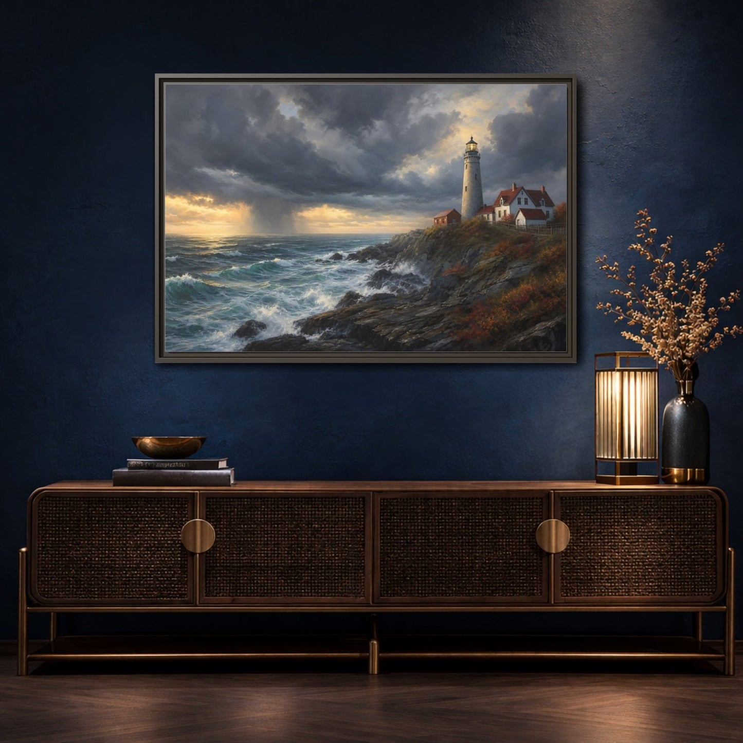 Nature Coastal Lighthouse Storm Framed Canvas Wall Art Print – Realistic Living Room, Above Couch - YesArtYes