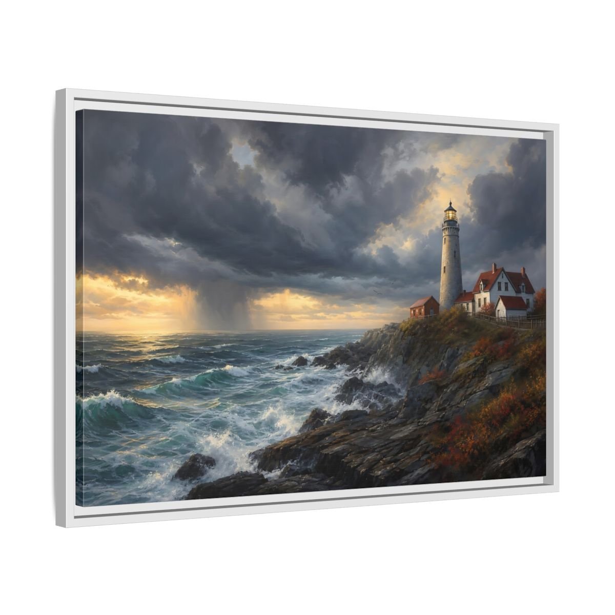 Nature Coastal Lighthouse Storm Framed Canvas Wall Art Print – Realistic Living Room, Above Couch - YesArtYes