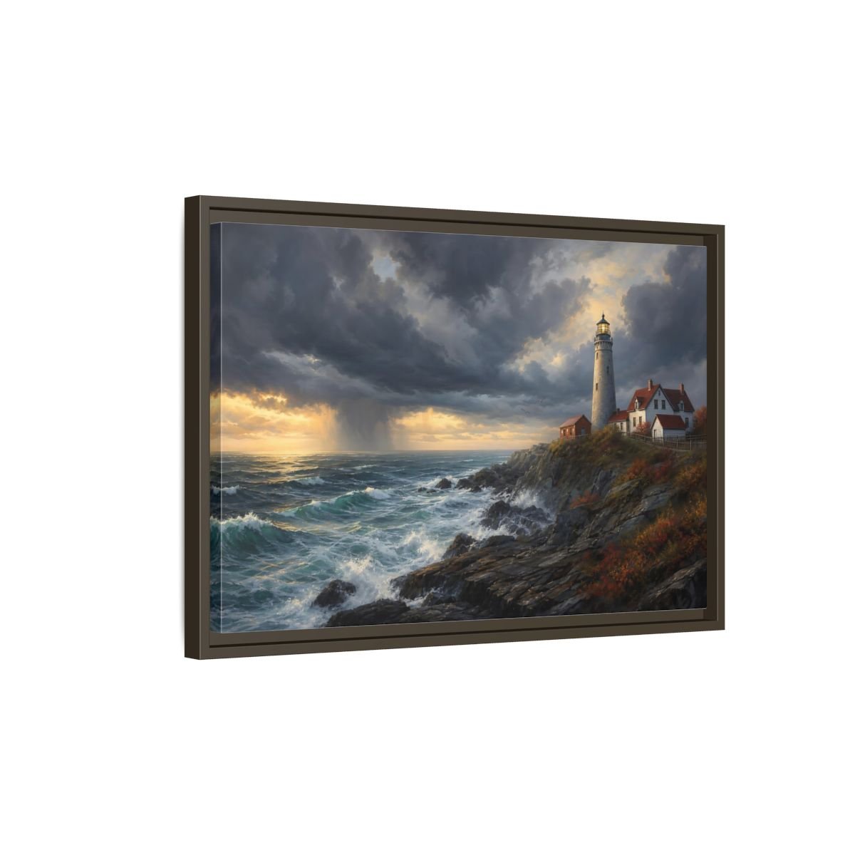 Nature Coastal Lighthouse Storm Framed Canvas Wall Art Print – Realistic Living Room, Above Couch - YesArtYes