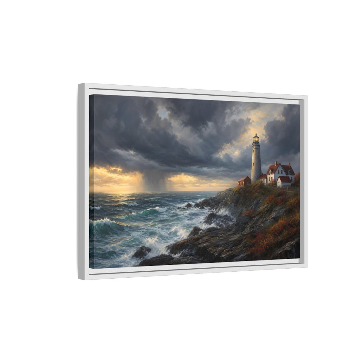 Side Mockup 1. Nature Coastal Lighthouse Coastal Lighthouse Storm shown as stretched canvas wall art