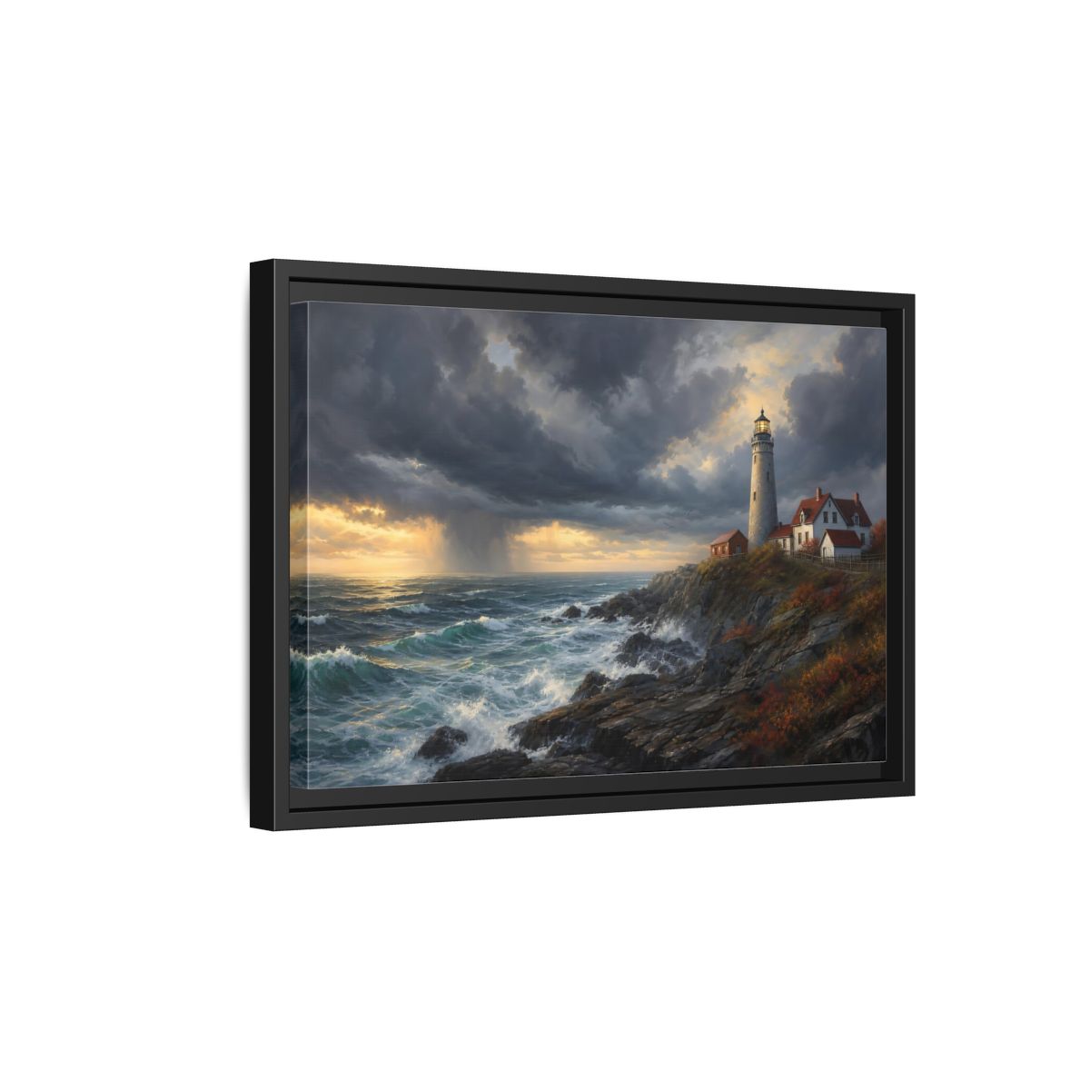 Side Mockup 6. Nature Coastal Lighthouse Coastal Lighthouse Storm shown as stretched canvas wall art