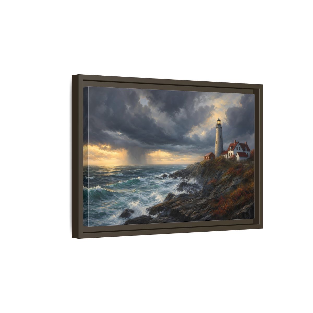 Side Mockup 5. Nature Coastal Lighthouse Coastal Lighthouse Storm shown as stretched canvas wall art