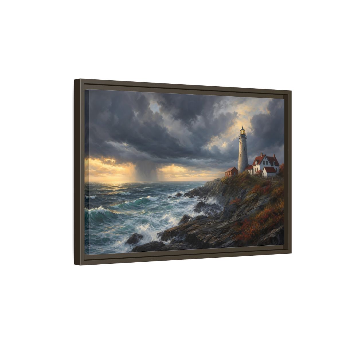 Side Mockup 2. Nature Coastal Lighthouse Coastal Lighthouse Storm shown as stretched canvas wall art