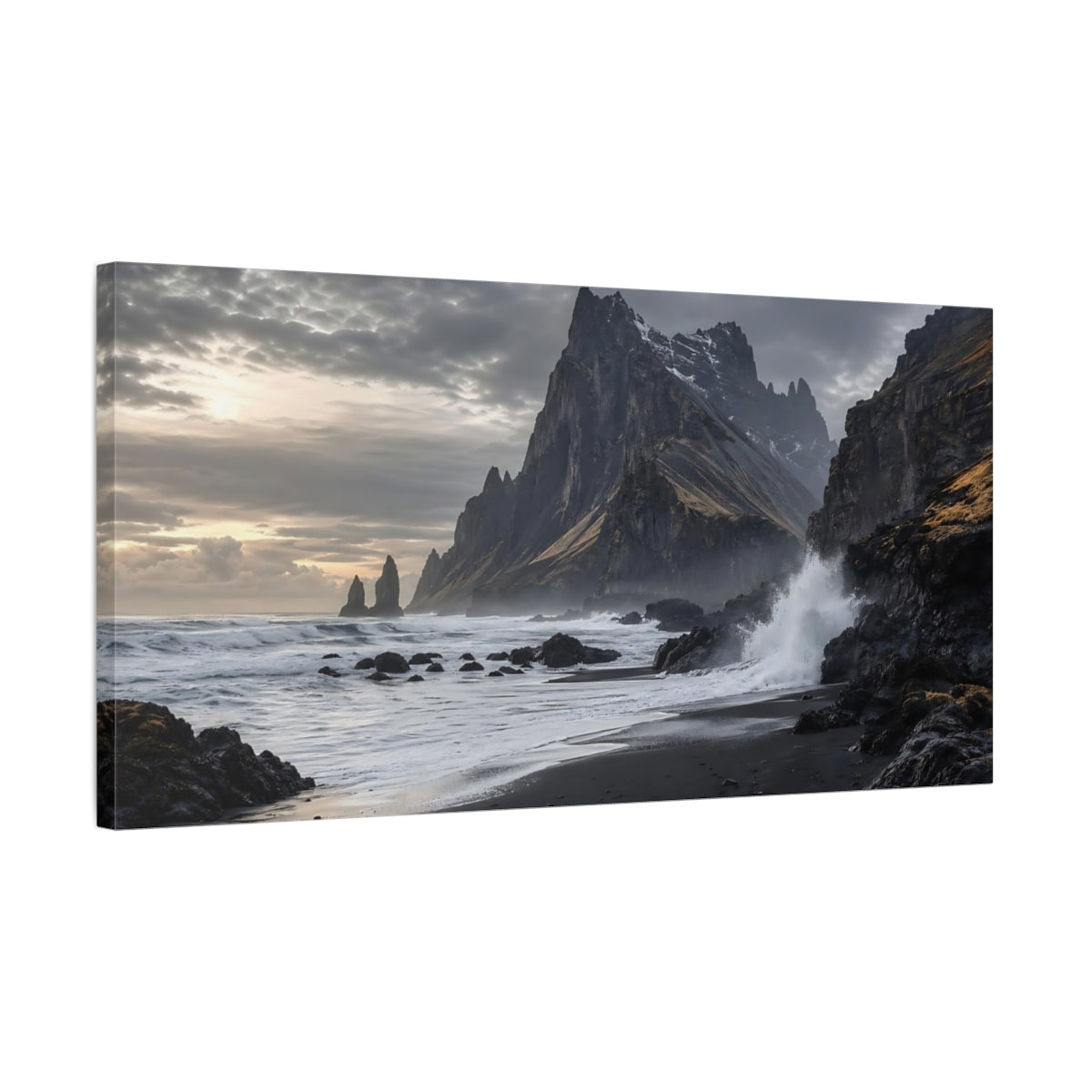 Side Mockup 1. Nature Coastal Mountain Gray And Black Coastal shown as stretched canvas wall art