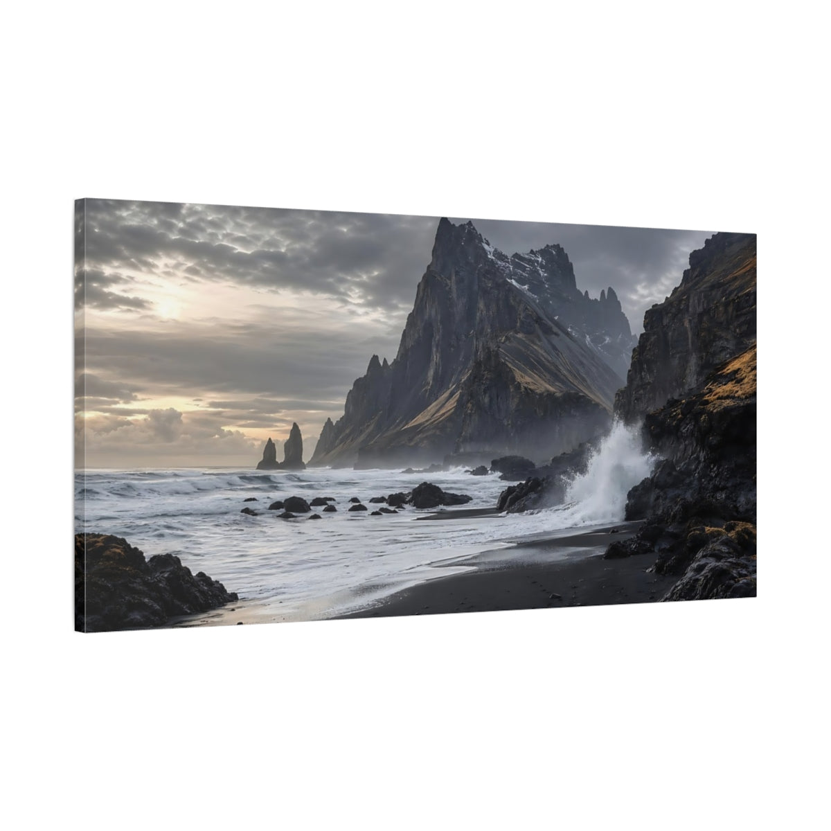 Main Mockup. Nature Coastal Mountain Gray And Black Coastal shown as stretched canvas wall art