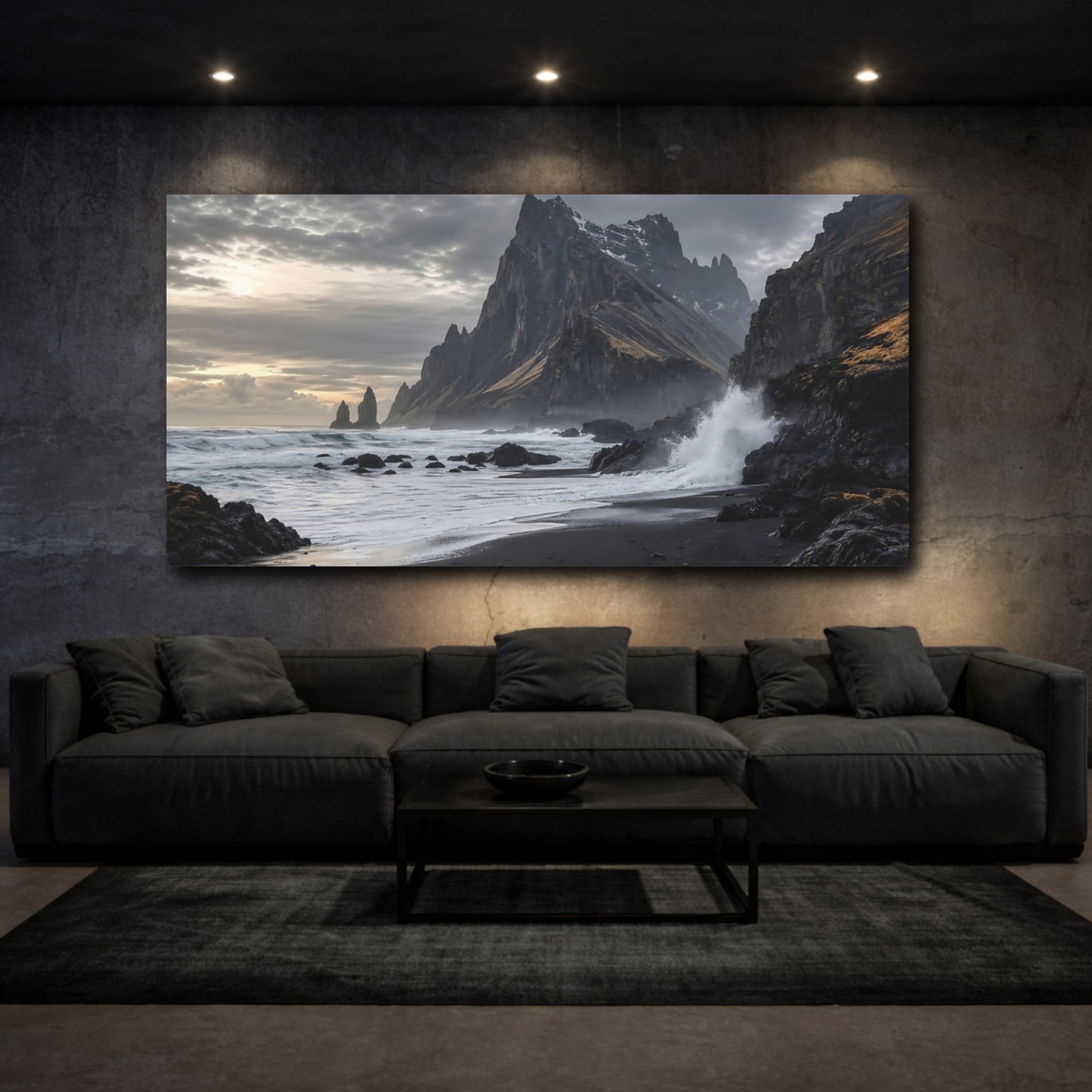 Mockup 2. Nature Coastal Mountain Gray And Black Coastal shown as stretched canvas wall art