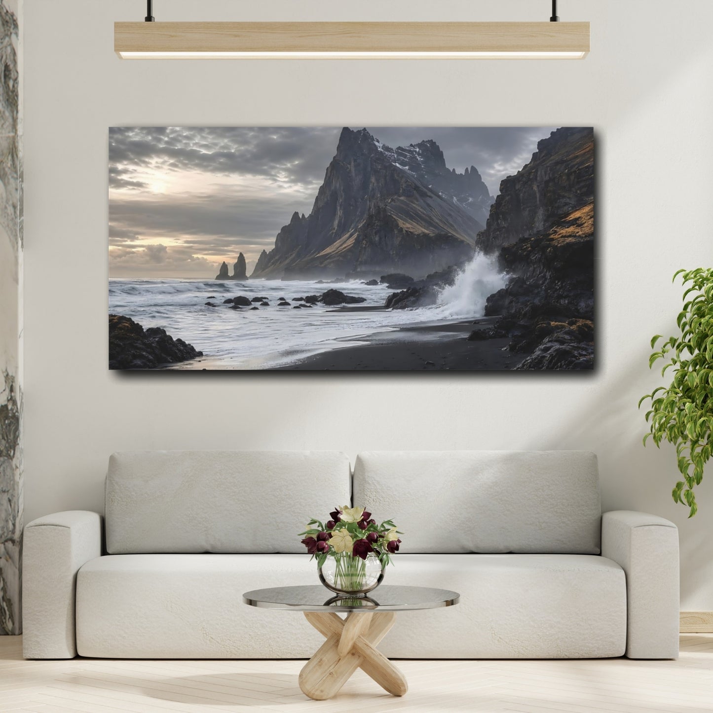 Mockup 3. Nature Coastal Mountain Gray And Black Coastal shown as stretched canvas wall art
