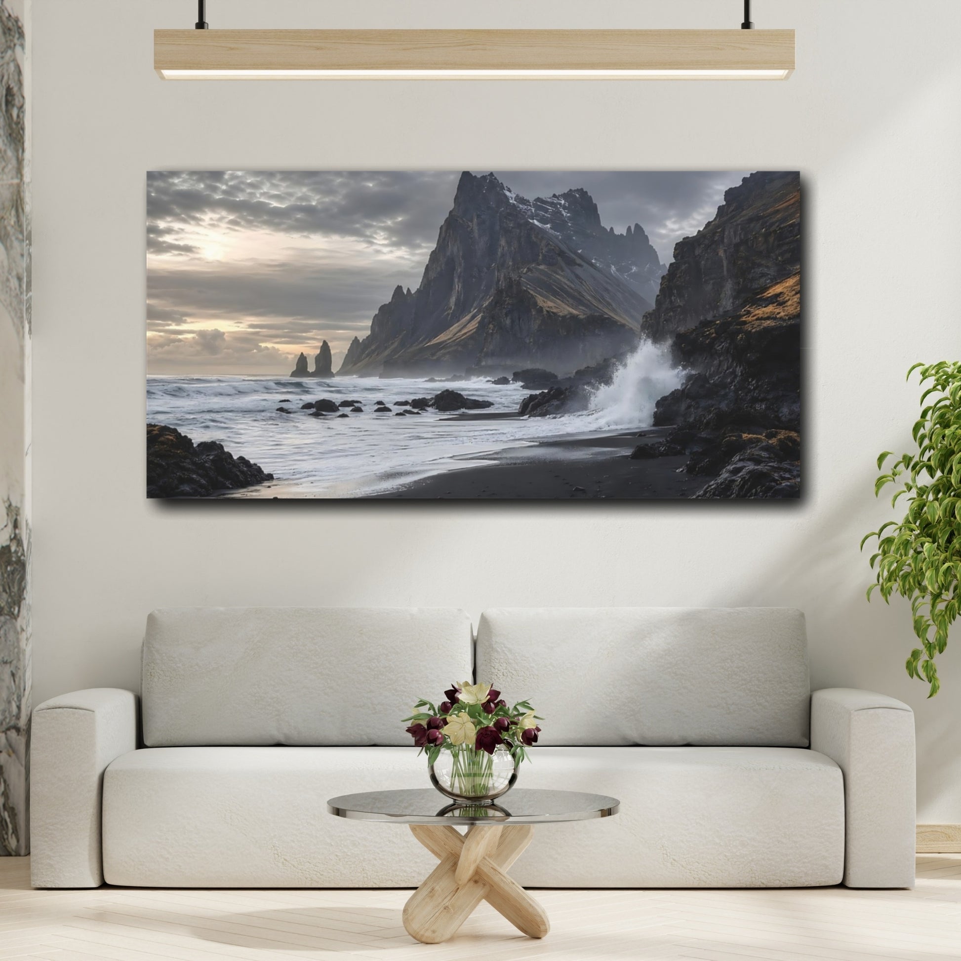 Mockup 3. Nature Coastal Mountain Gray And Black Coastal shown as stretched canvas wall art