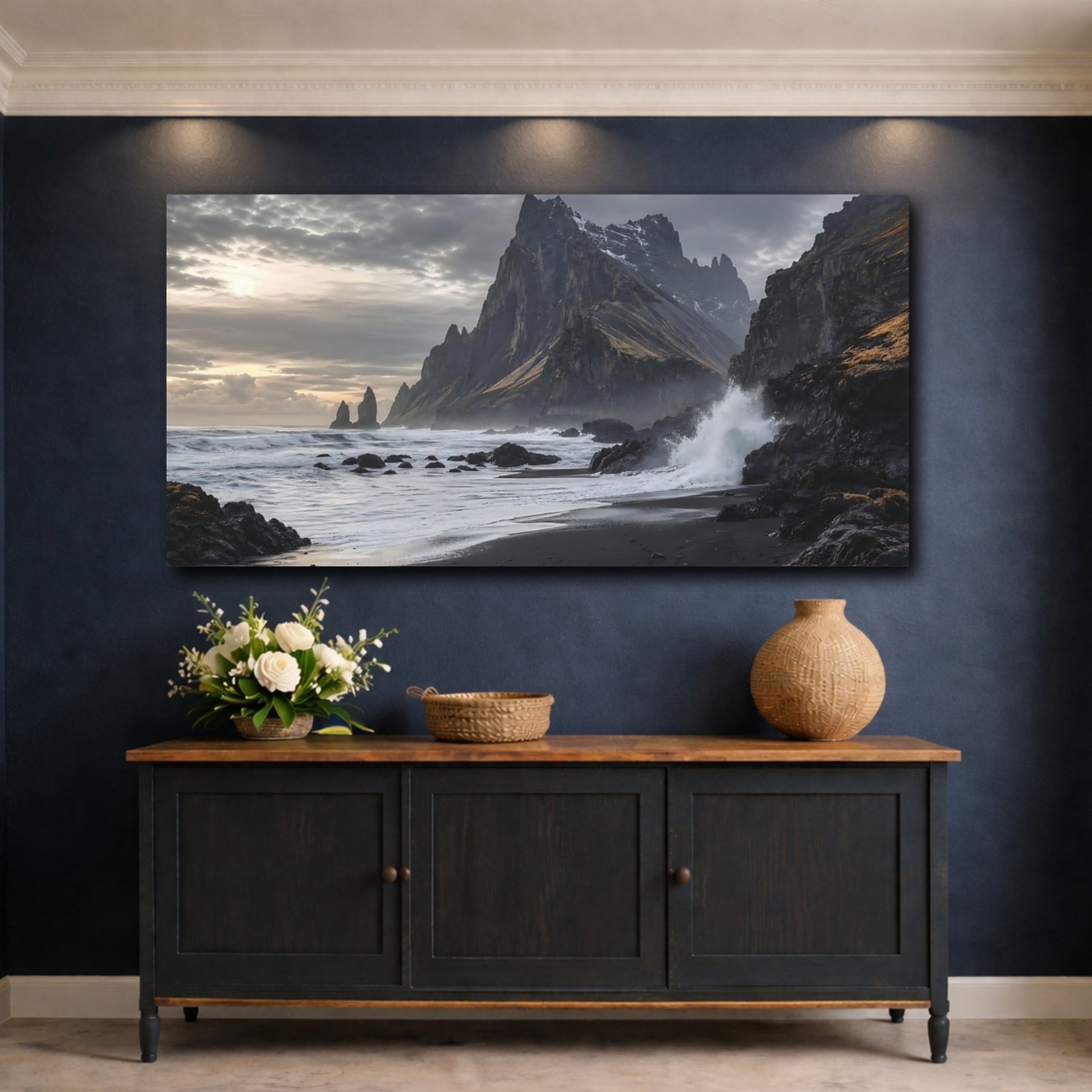 Mockup 4. Nature Coastal Mountain Gray And Black Coastal shown as stretched canvas wall art