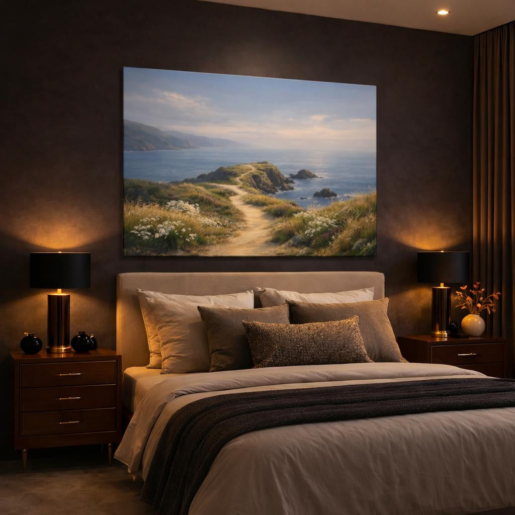 Nature Coastal Path shown as canvas wall art in a luxury bedroom