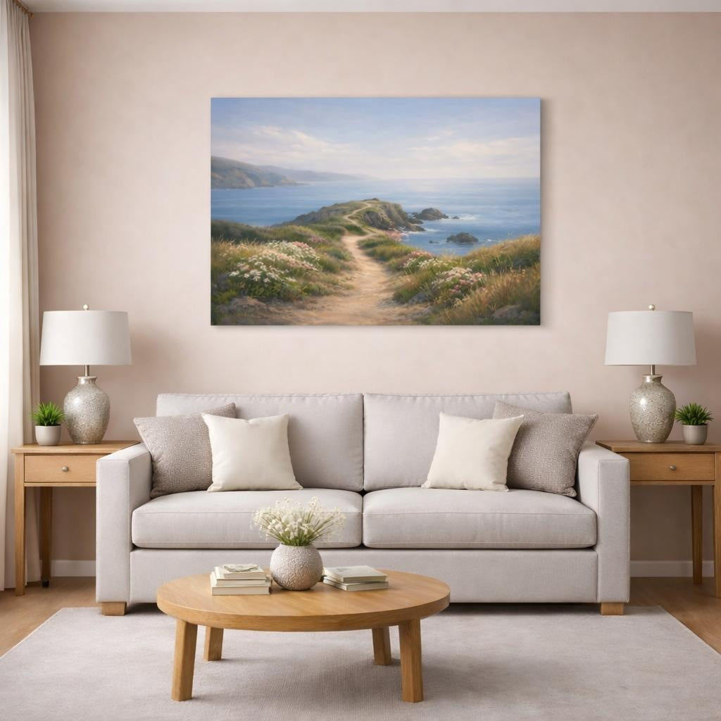 Nature Coastal Path shown as canvas wall art in a modern living room