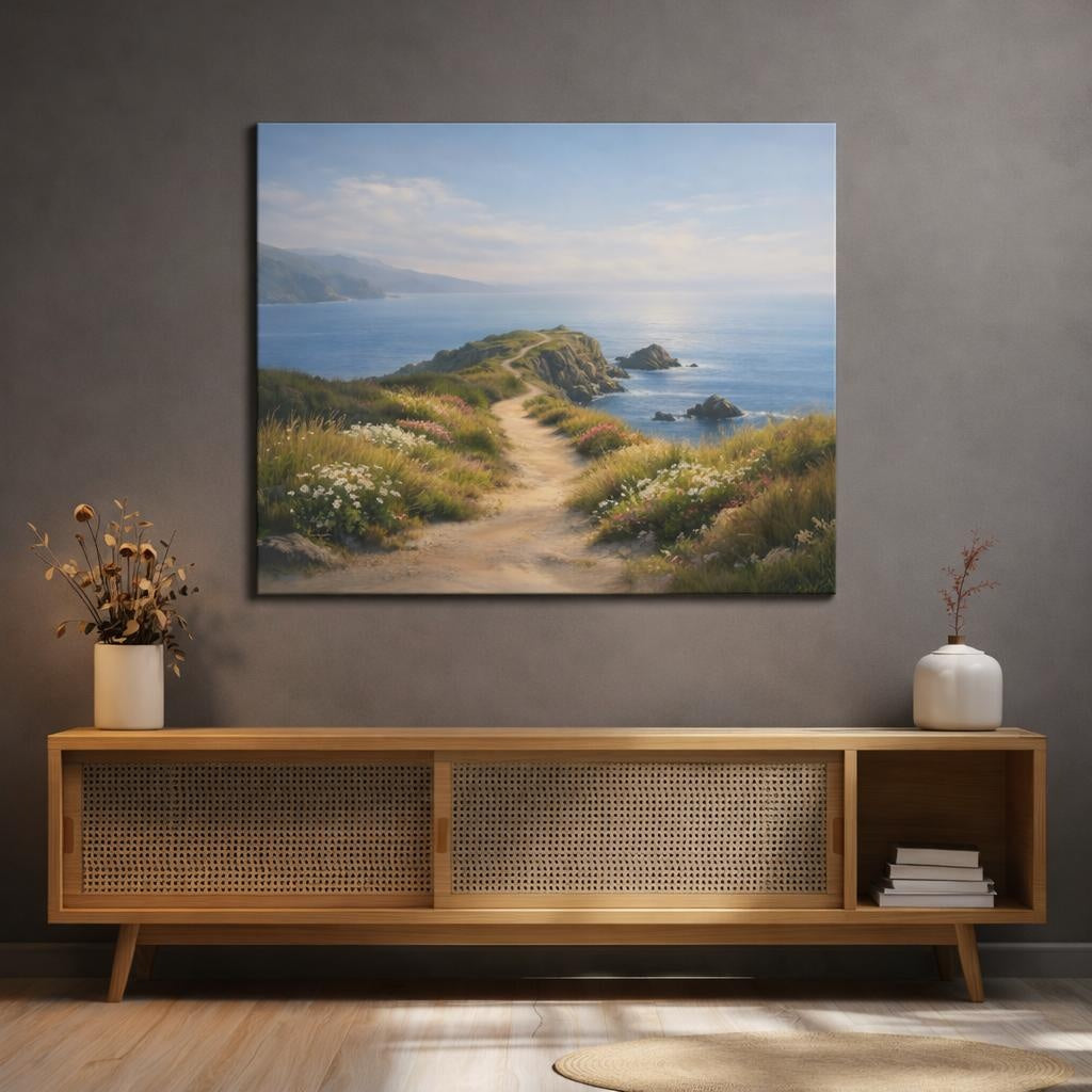 Nature Coastal Path shown as canvas wall art in a refined dining room