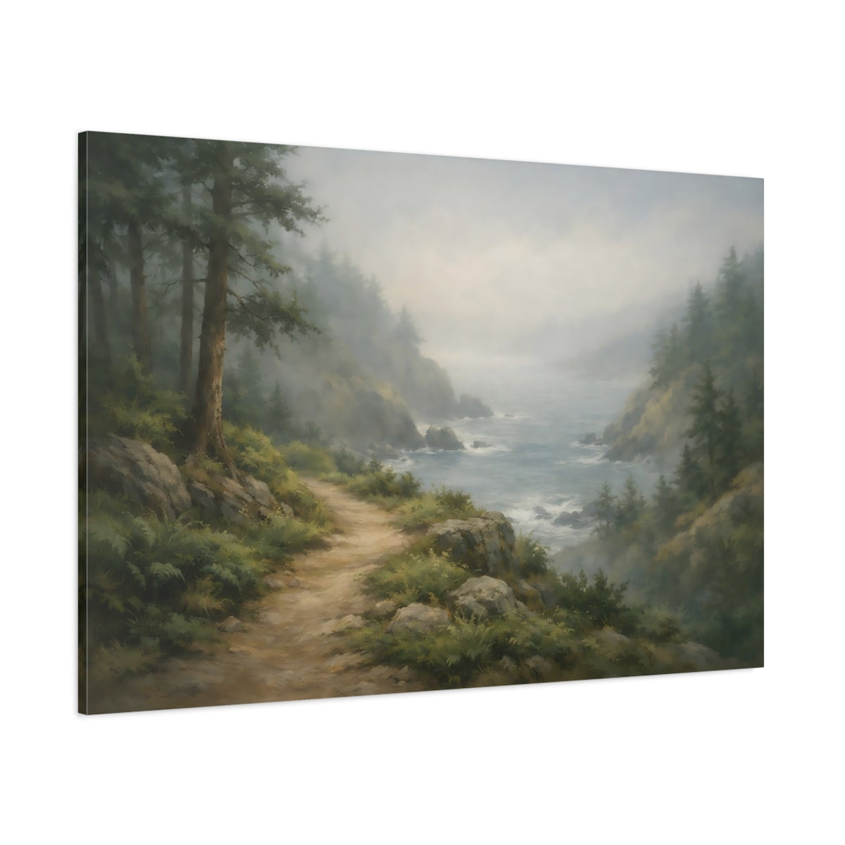 Main Mockup. Nature Coastal Path Misty Coastal Landscape shown as stretched canvas wall art