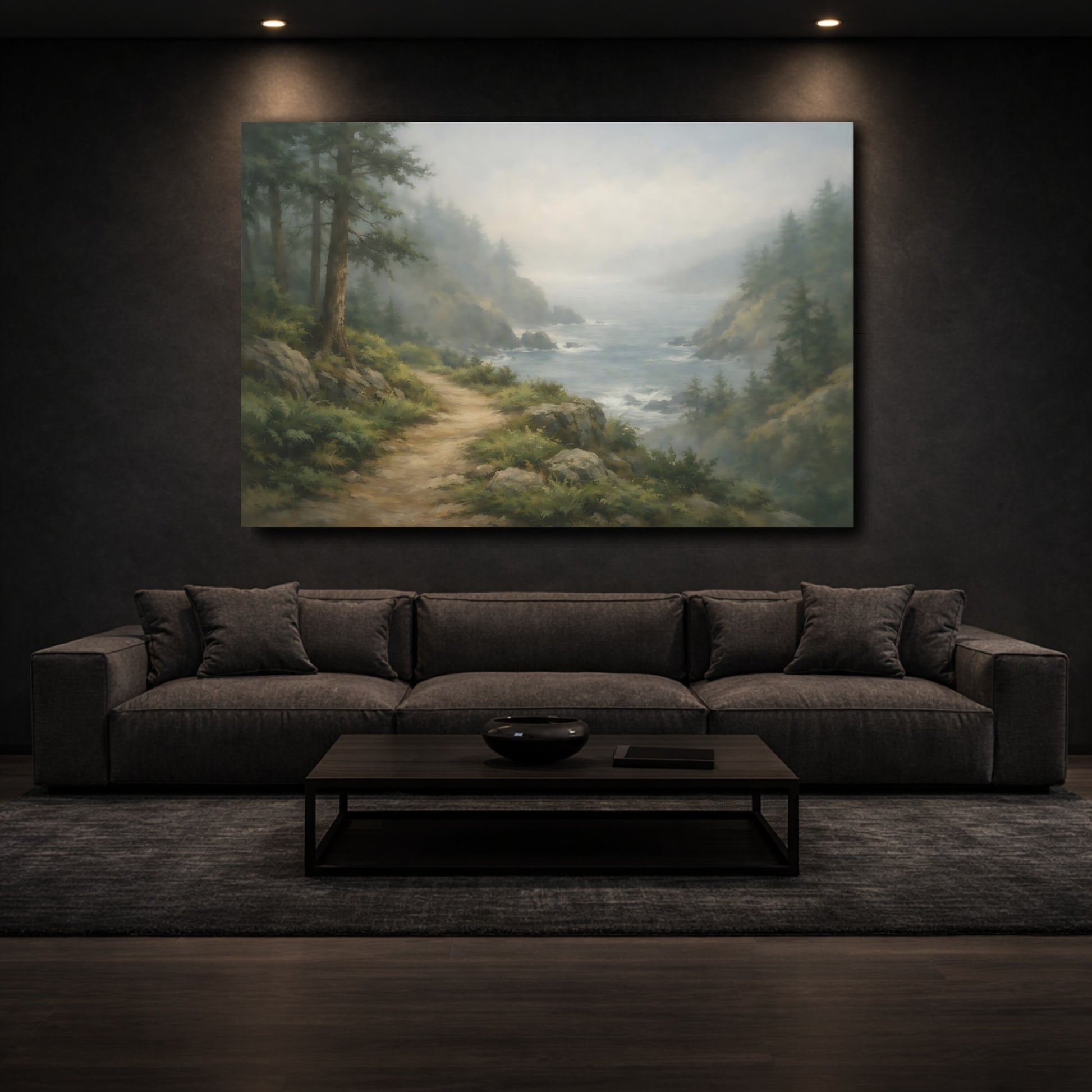 Mockup 2. Nature Coastal Path Misty Coastal Landscape shown as stretched canvas wall art