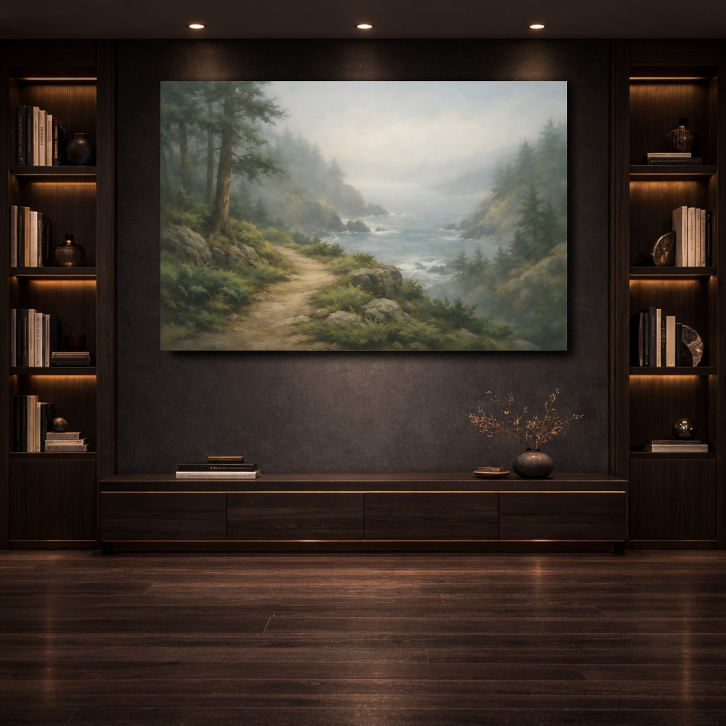 Mockup 3. Nature Coastal Path Misty Coastal Landscape shown as stretched canvas wall art