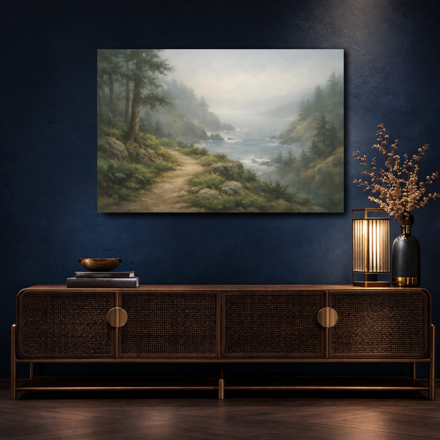 Mockup 4. Nature Coastal Path Misty Coastal Landscape shown as stretched canvas wall art
