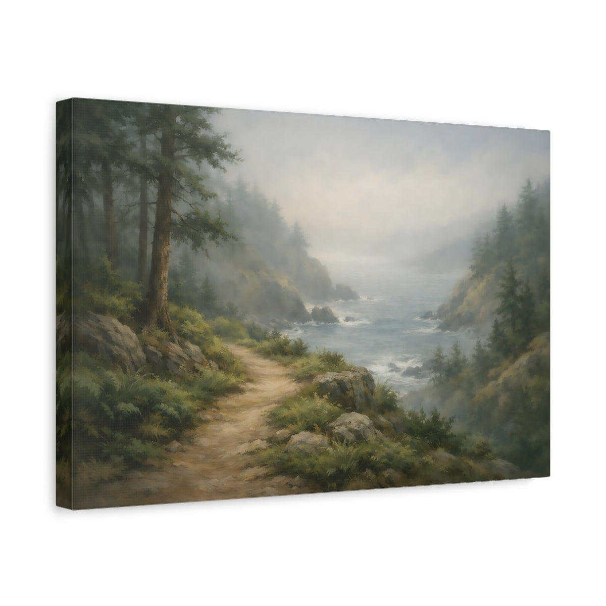 Side Mockup 4. Nature Coastal Path Misty Coastal Landscape shown as stretched canvas wall art